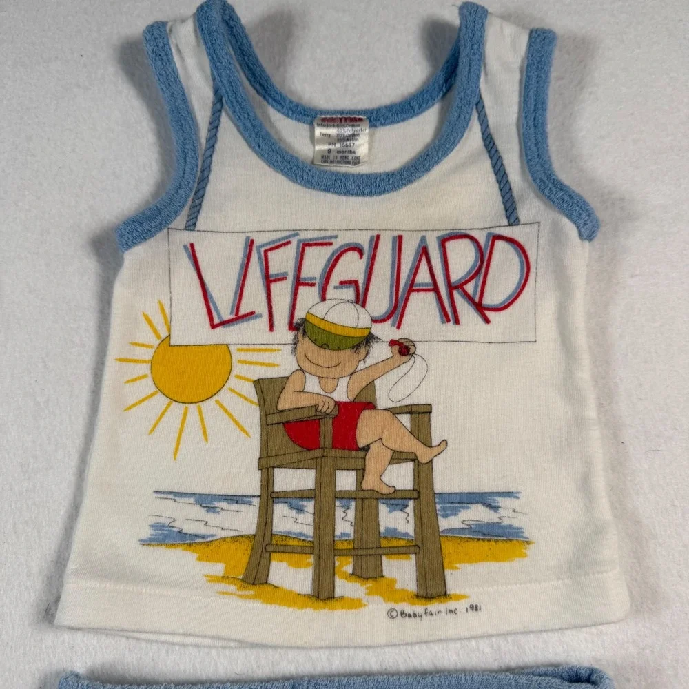 Vintage 1980s Babyfair Lifeguard Tank Top and Terry Cloth Shorts Set 9M